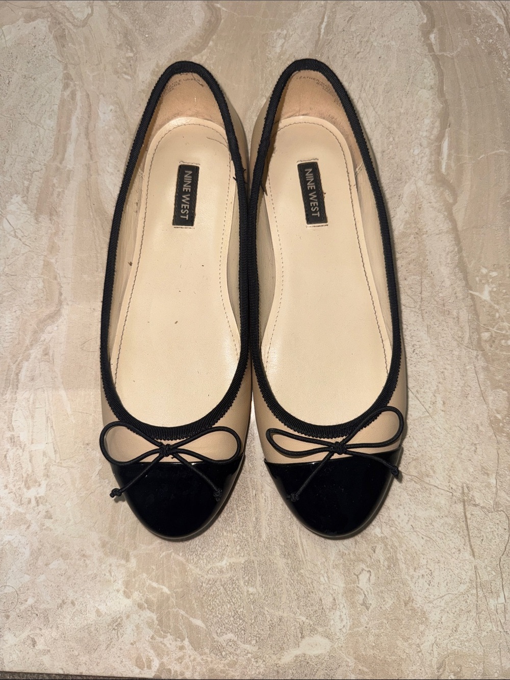 Nine West Black and Beige Two-Tone Ballet Flats with Bow Accent